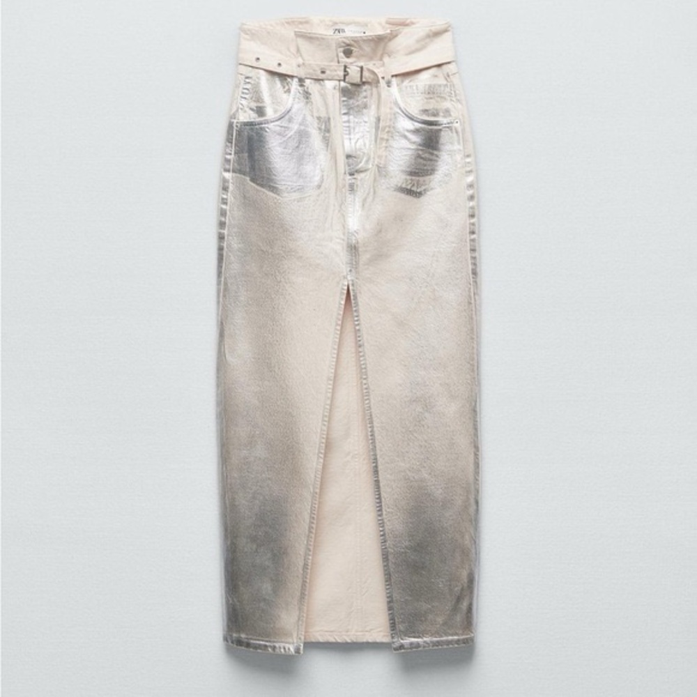 Zara pleated high waist silver metallic skirt NWT size medium